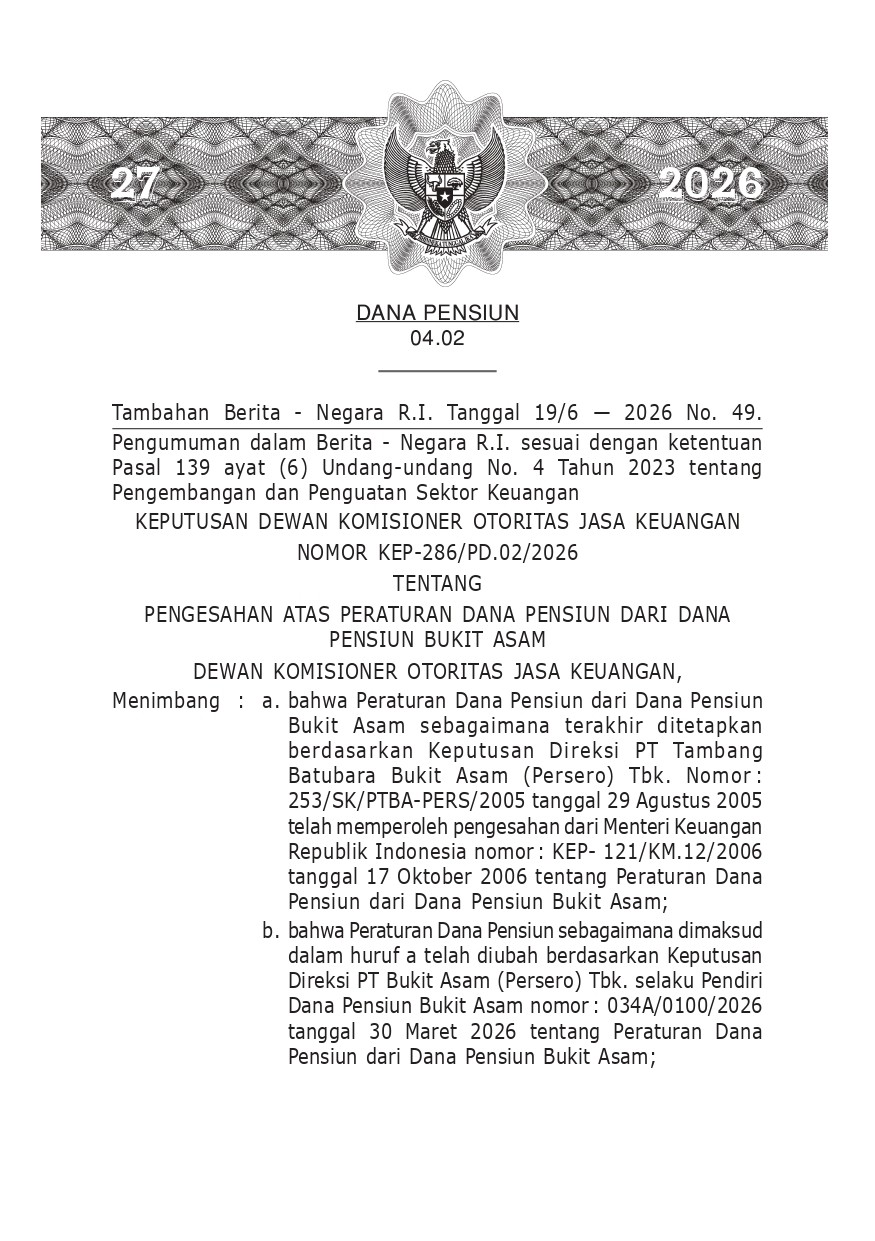 Pengesahan Perubahan Peraturan Dana Pensiun Bukit Asam dari DPBA