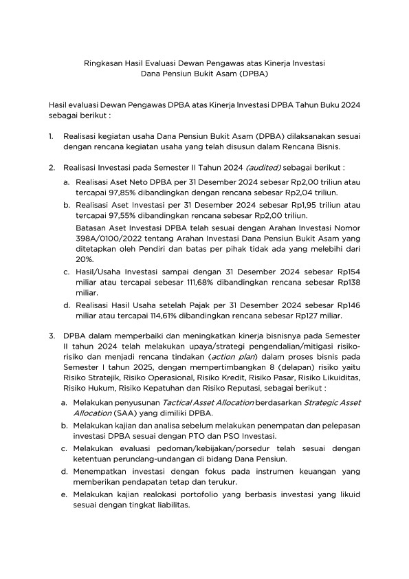 Ringkasan Hasil Evaluasi Dewan Pengawas atas Kinerja lnvestasi  DPBA Semester II Tahun 2024